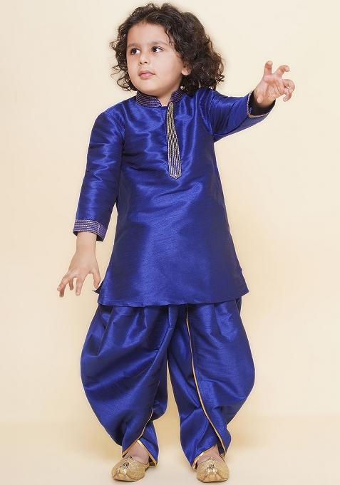 Royal Blue Embroidered Silk kurta Set For Boys