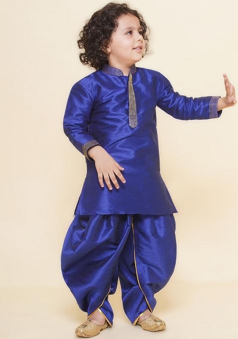 Royal Blue Embroidered Silk kurta Set For Boys