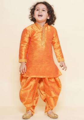 Orange Embroidered Silk kurta Set For Boys