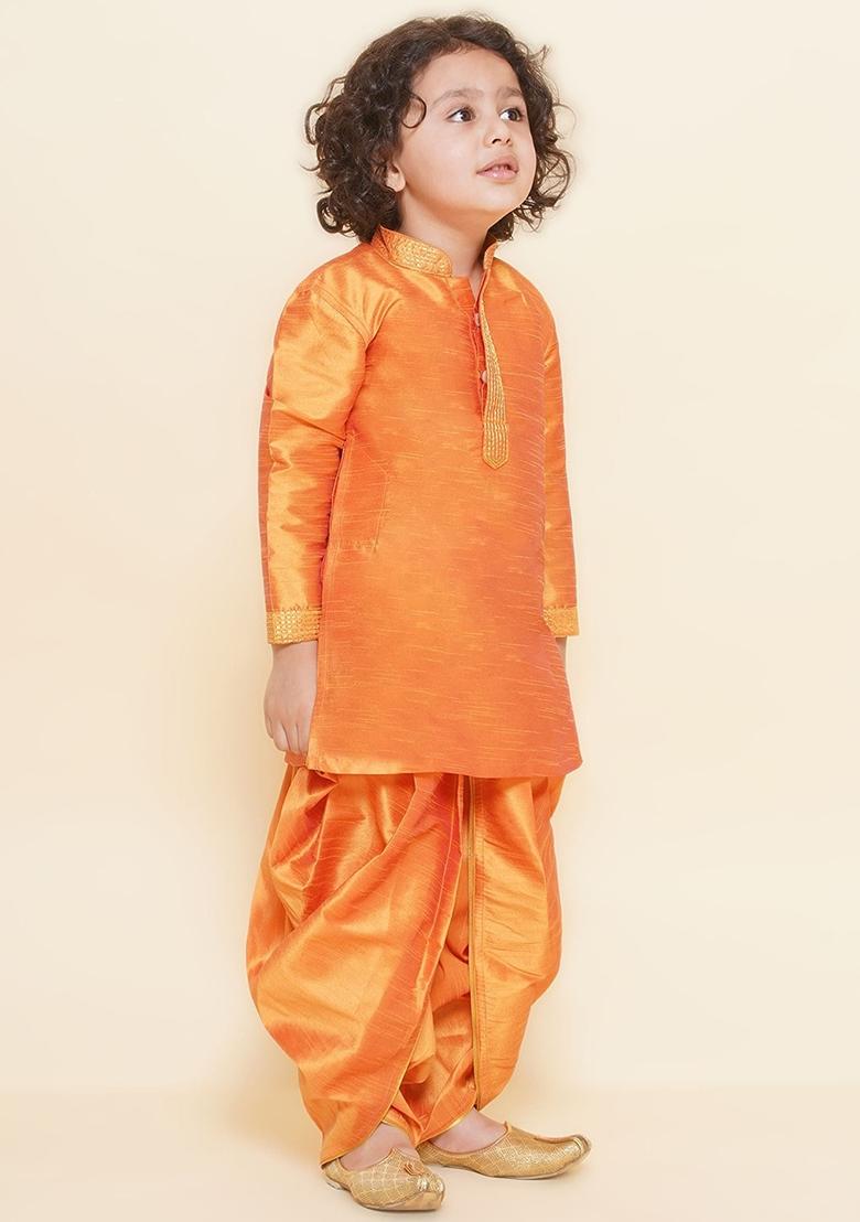 Orange Embroidered Silk kurta Set For Boys