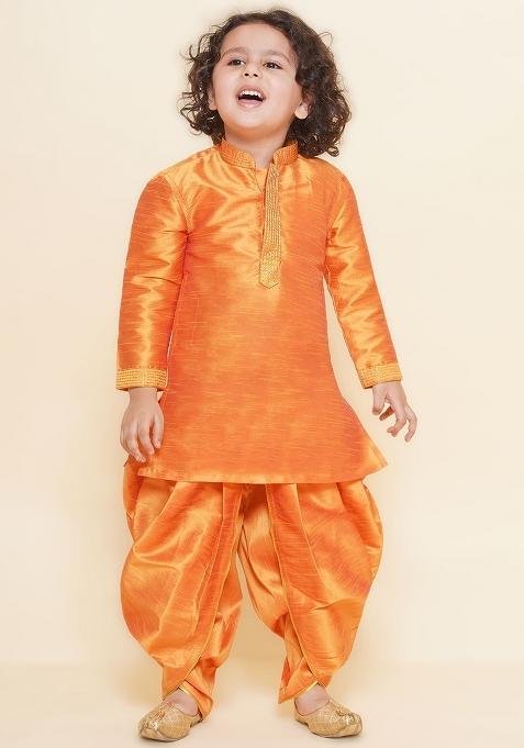 Orange Embroidered Silk kurta Set For Boys