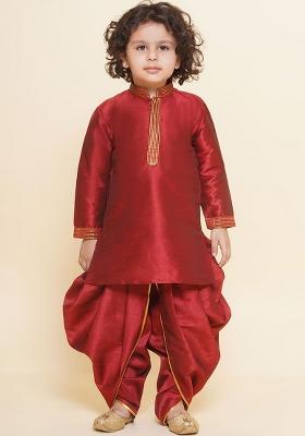 Maroon Embroidered Silk kurta Set For Boys