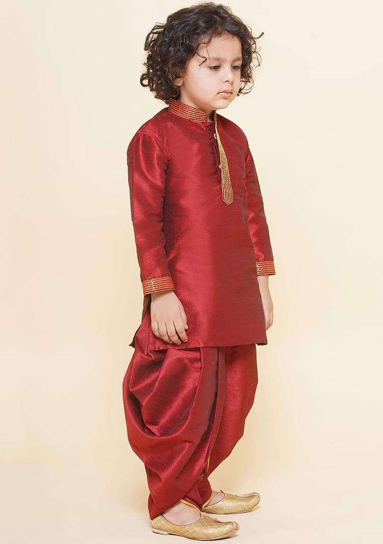 Maroon Embroidered Silk kurta Set For Boys