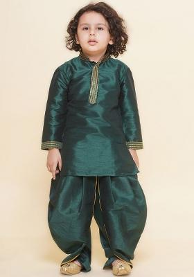 Bottle Green Embroidered Silk kurta Set For Boys