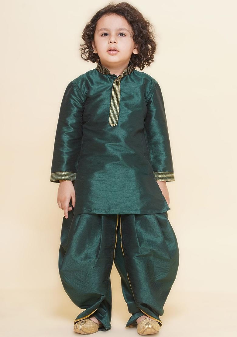 Bottle Green Embroidered Silk kurta Set For Boys