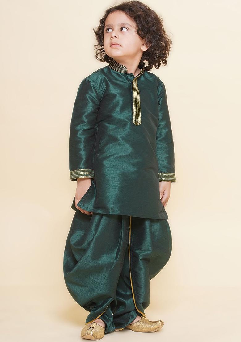 Bottle Green Embroidered Silk kurta Set For Boys
