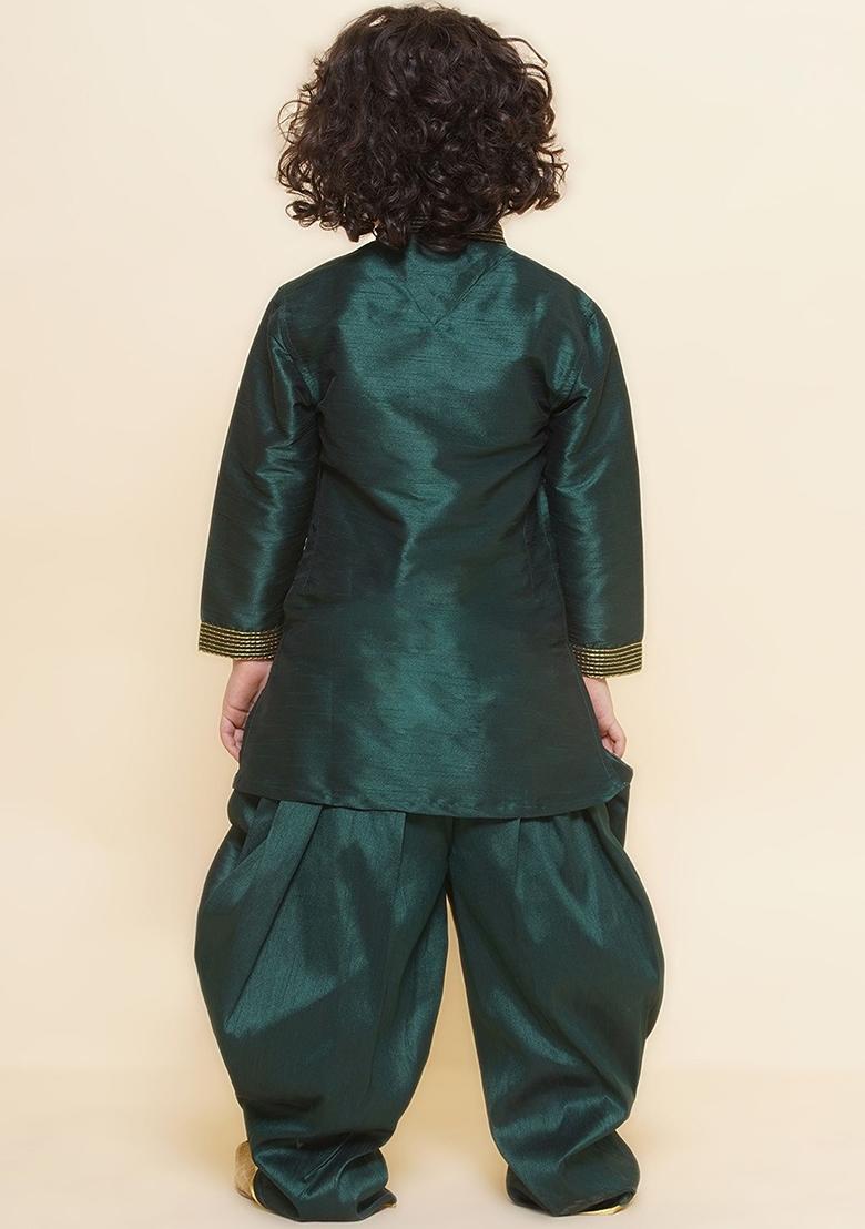 Bottle Green Embroidered Silk kurta Set For Boys