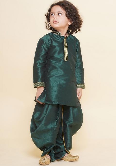 Bottle Green Embroidered Silk kurta Set For Boys