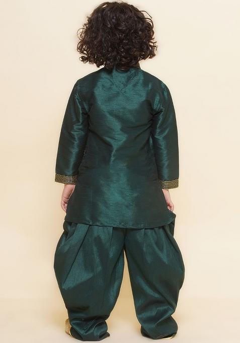 Bottle Green Embroidered Silk kurta Set For Boys