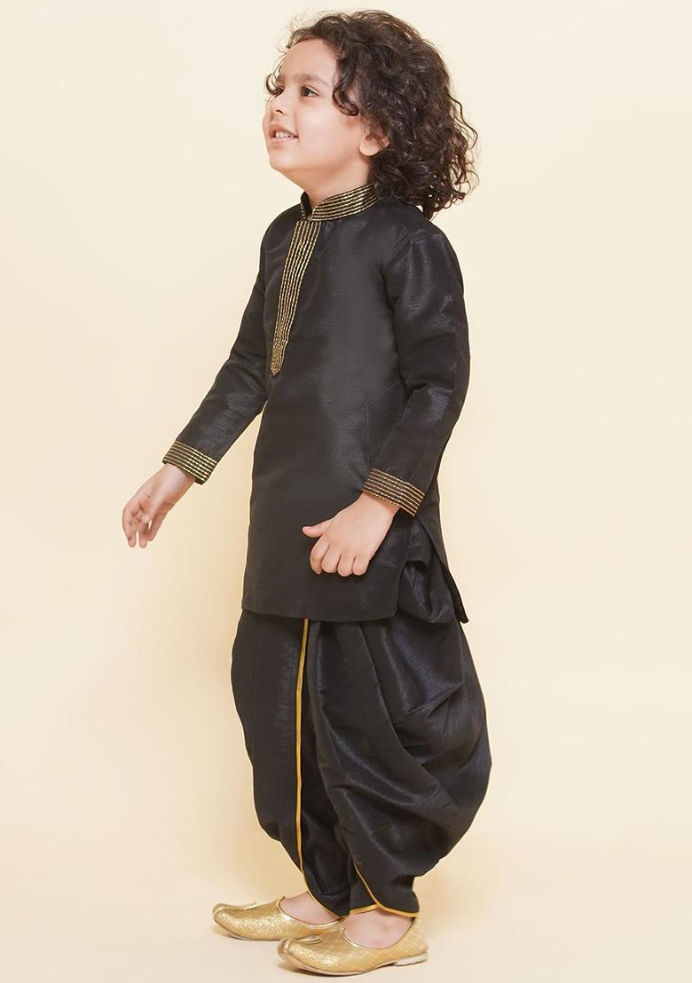 Black Embroidered Silk kurta Set For Boys