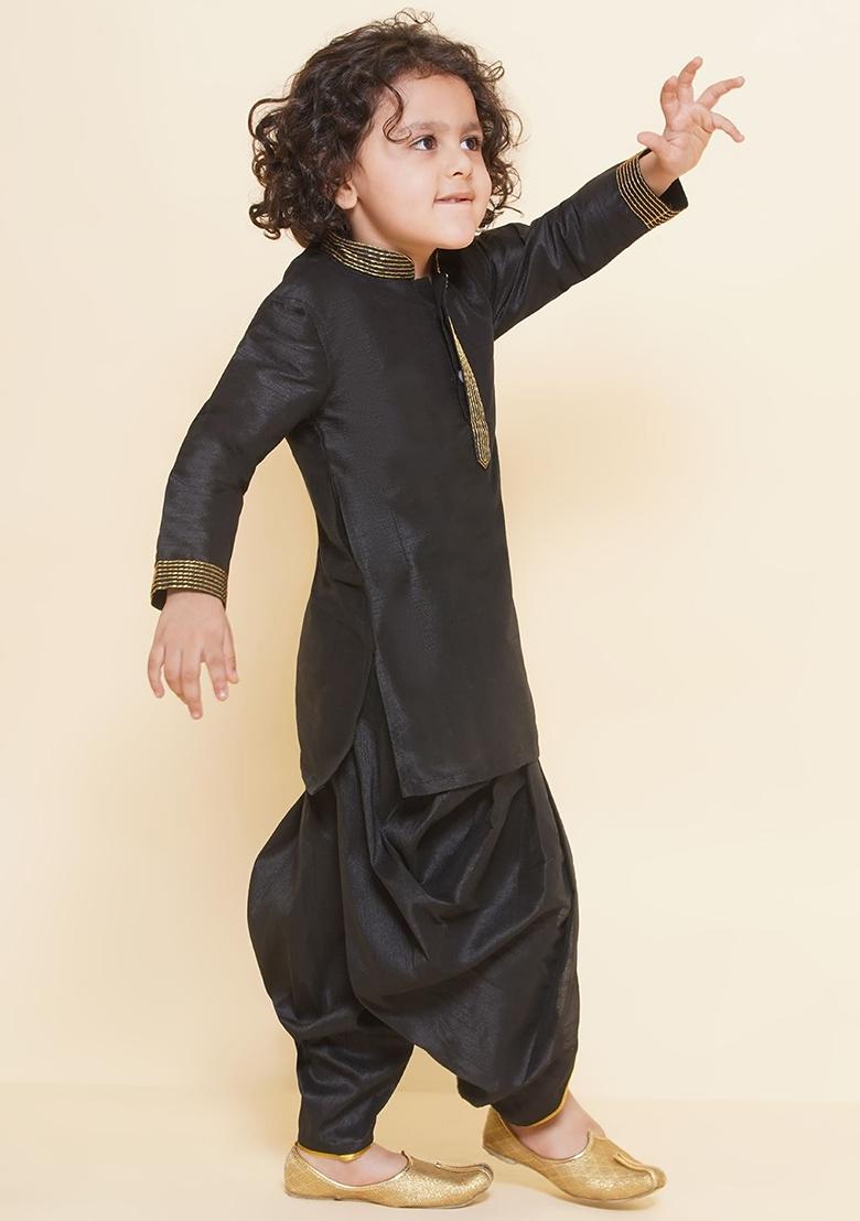 Black Embroidered Silk kurta Set For Boys