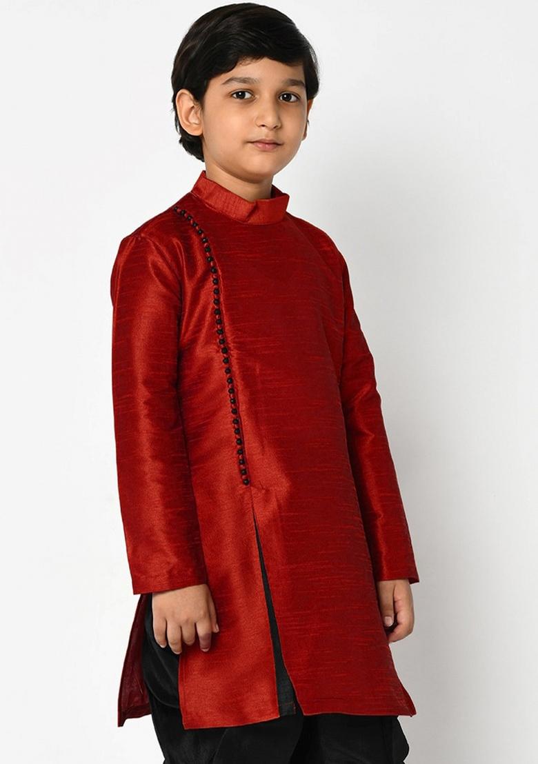 Maroon Solid Banarasi Silk Angrakha For Boys