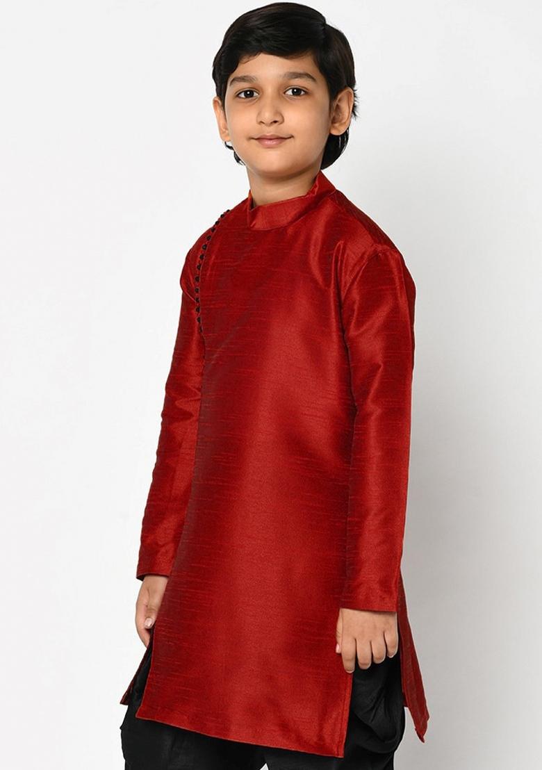 Maroon Solid Banarasi Silk Angrakha For Boys