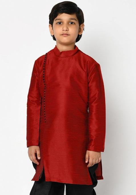 Maroon Solid Banarasi Silk Angrakha For Boys