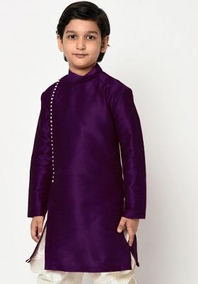 Purple Solid Banarasi Silk Angrakha For Boys