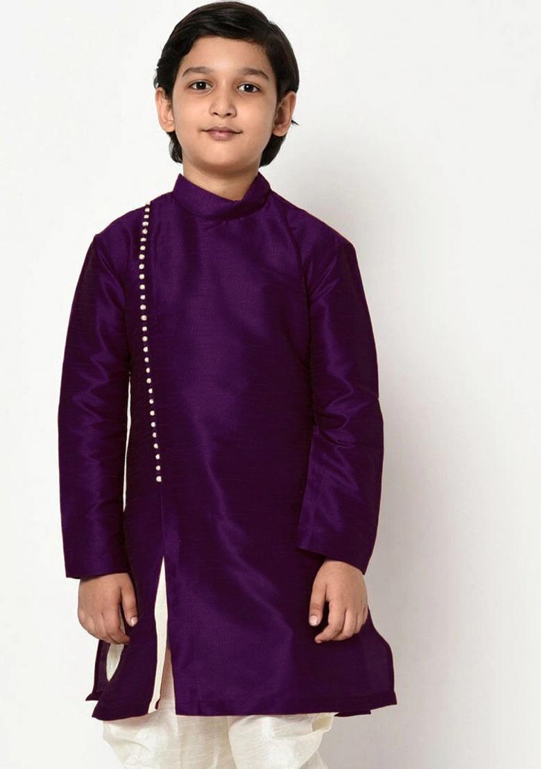 Purple Solid Banarasi Silk Angrakha For Boys