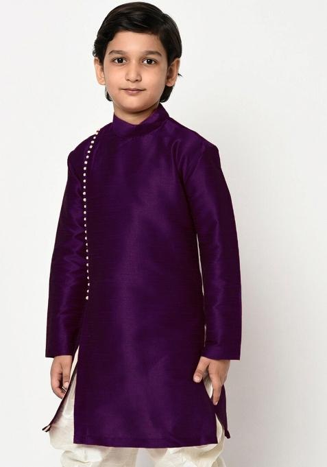 Purple Solid Banarasi Silk Angrakha For Boys