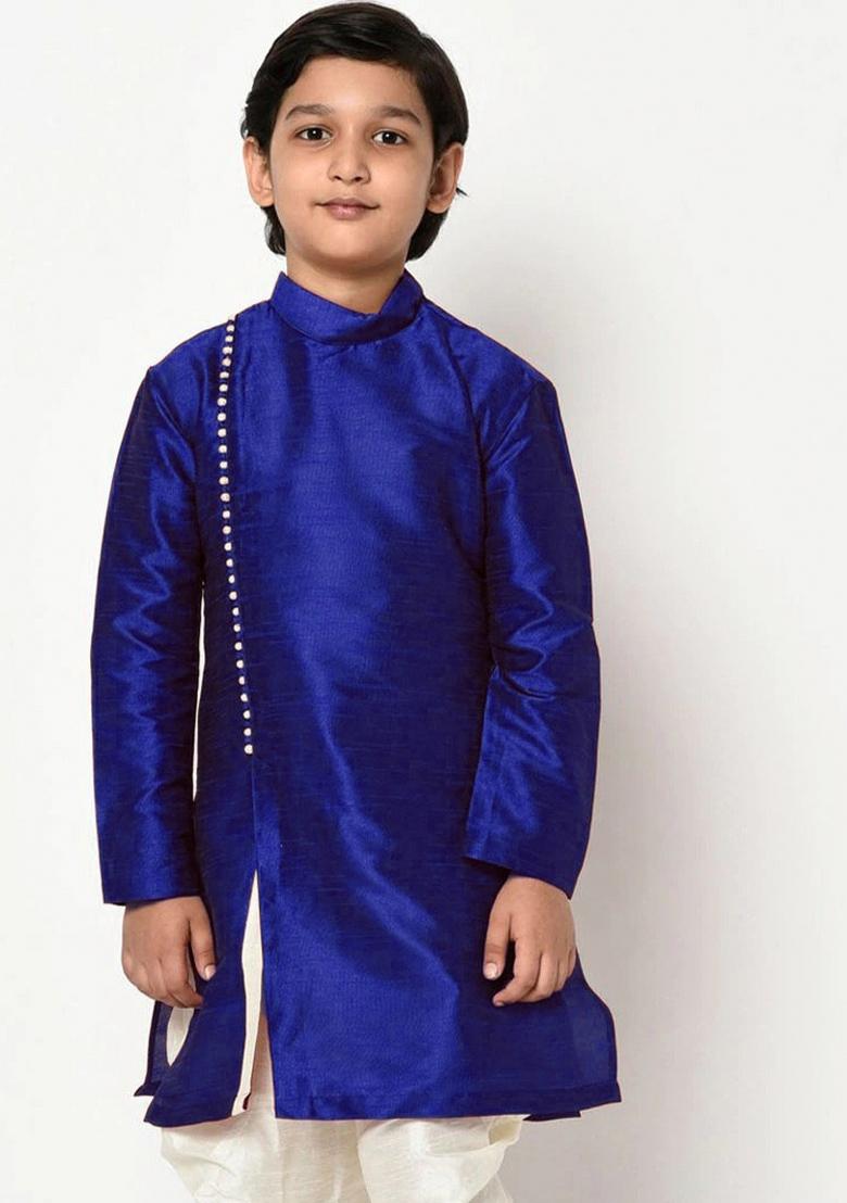 Royal Blue Solid Banarasi Silk Angrakha For Boys