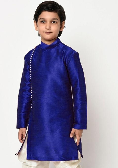 Royal Blue Solid Banarasi Silk Angrakha For Boys