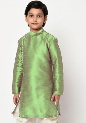 Pista Green Solid Banarasi Silk Angrakha For Boys