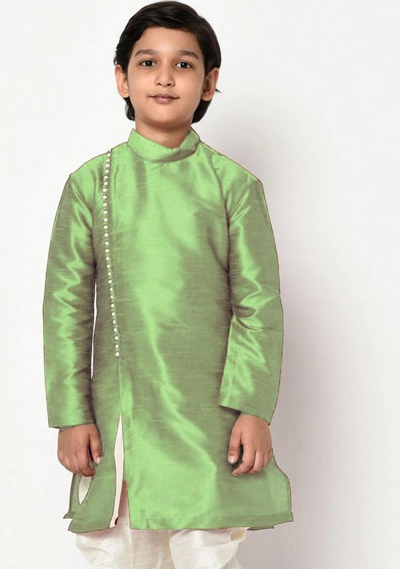 Pista Green Solid Banarasi Silk Angrakha For Boys