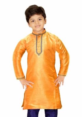Orange Embroidered Banarasi Silk Kurta For Boys