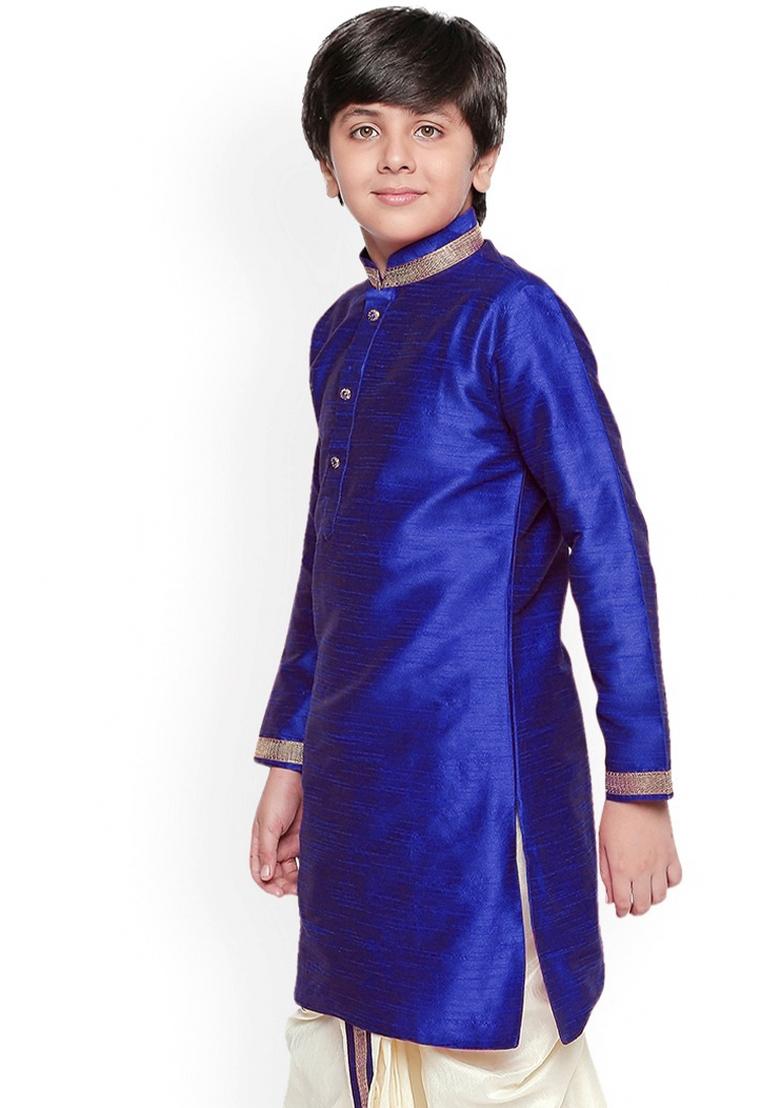 Royal Blue Solid Banarasi Silk Kurta For Boys