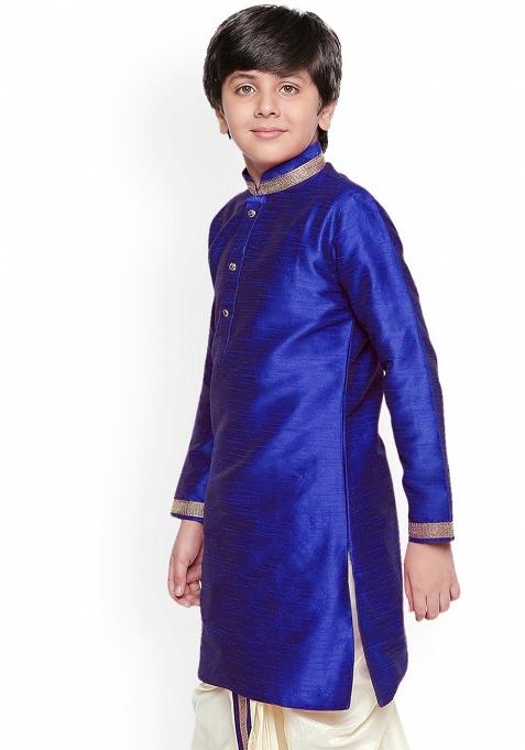 Royal Blue Solid Banarasi Silk Kurta For Boys