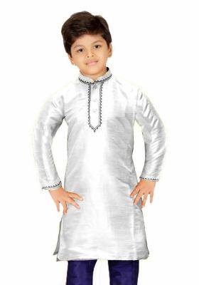 White Embroidered Banarasi Silk Kurta For Boys