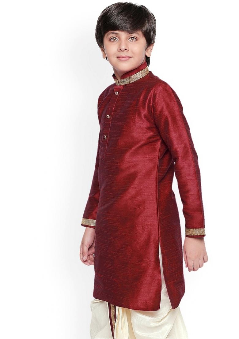 Maroon Solid Banarasi Silk Kurta For Boys