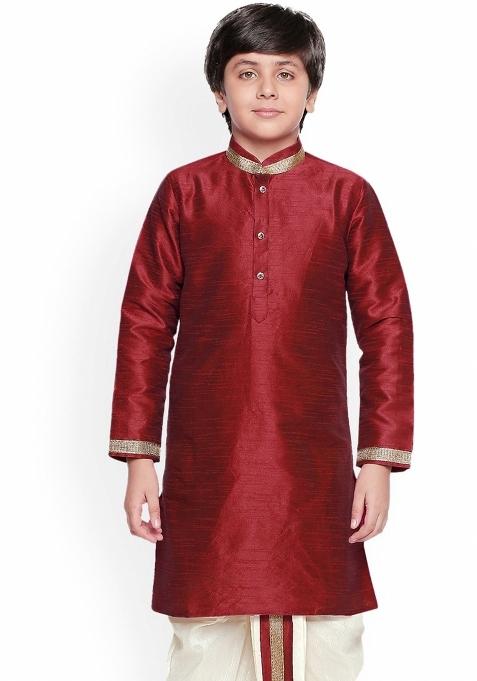 Maroon Solid Banarasi Silk Kurta For Boys