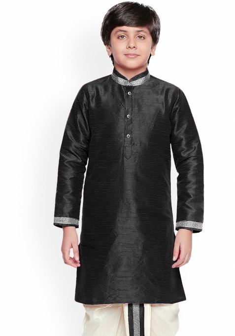 Black Embroidered Banarasi Silk Kurta For Boys