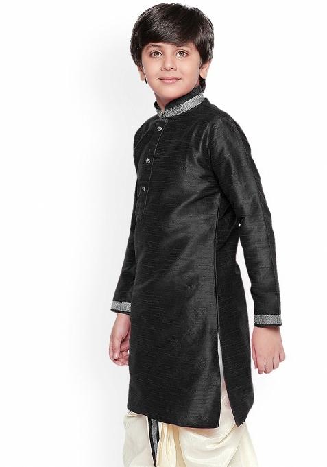 Black Embroidered Banarasi Silk Kurta For Boys