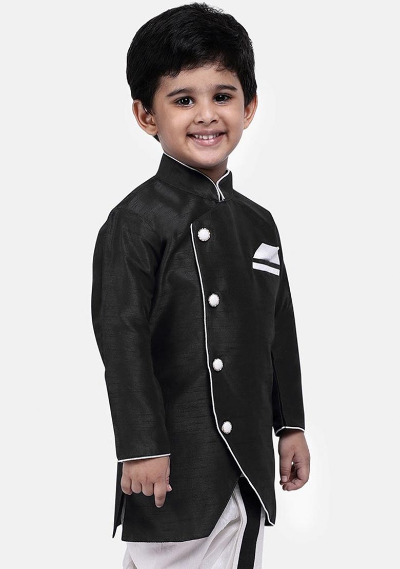 Black Solid Banarasi Silk Indo Western Sherwani For Boys