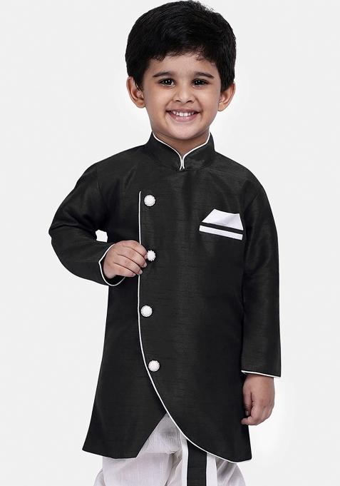 Black Solid Banarasi Silk Indo Western Sherwani For Boys