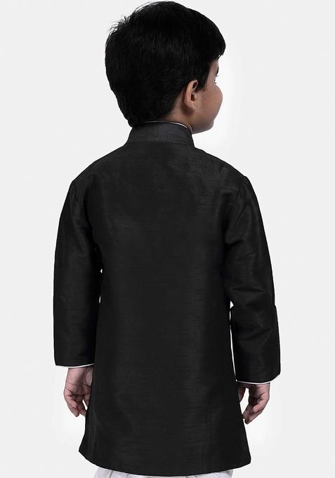 Black Solid Banarasi Silk Indo Western Sherwani For Boys