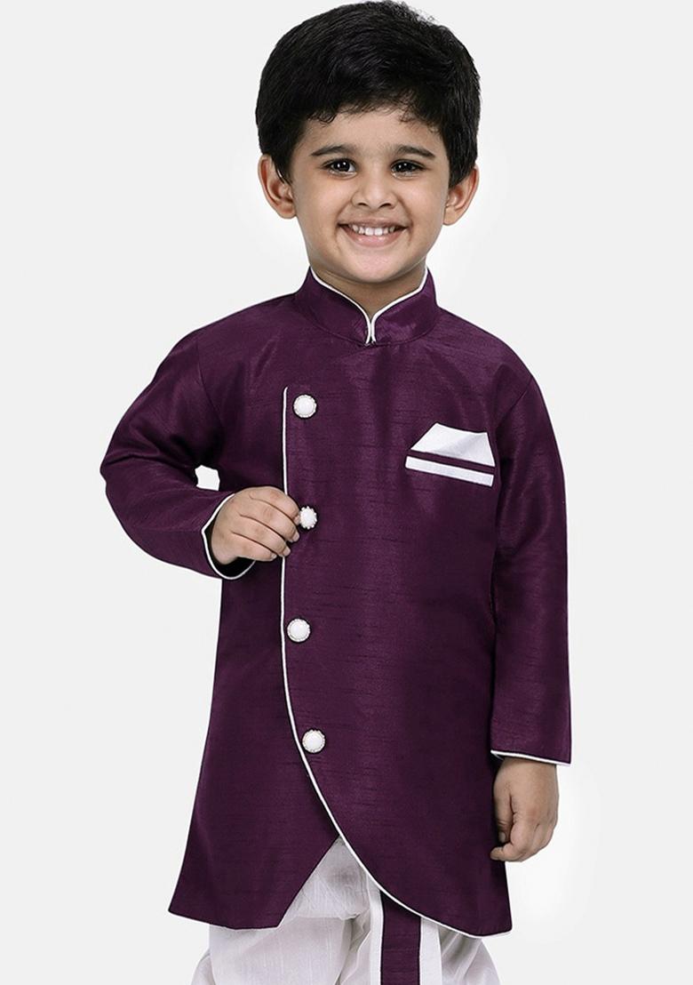 Purple Solid Banarasi Silk Indo Western Sherwani For Boys