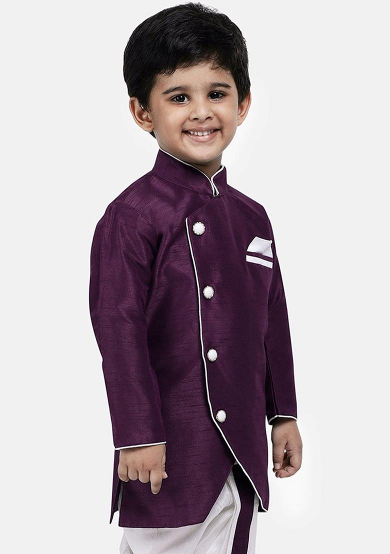 Purple Solid Banarasi Silk Indo Western Sherwani For Boys