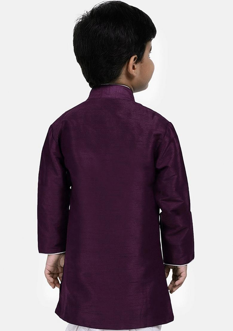 Purple Solid Banarasi Silk Indo Western Sherwani For Boys