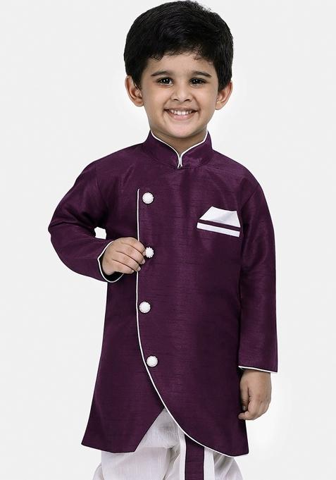 Purple Solid Banarasi Silk Indo Western Sherwani For Boys