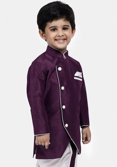 Purple Solid Banarasi Silk Indo Western Sherwani For Boys