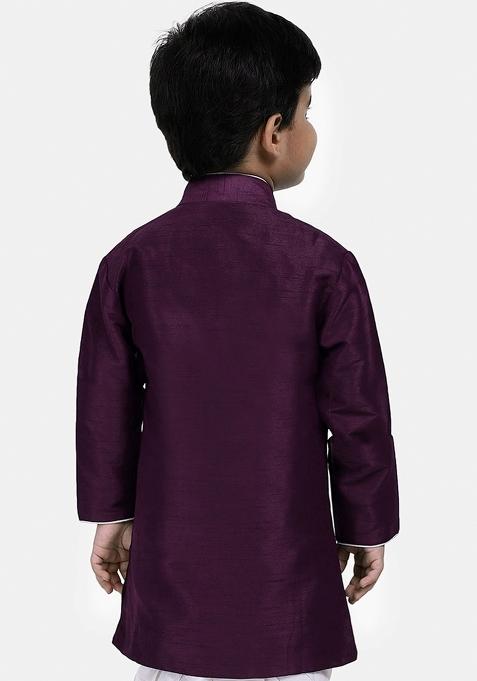 Purple Solid Banarasi Silk Indo Western Sherwani For Boys