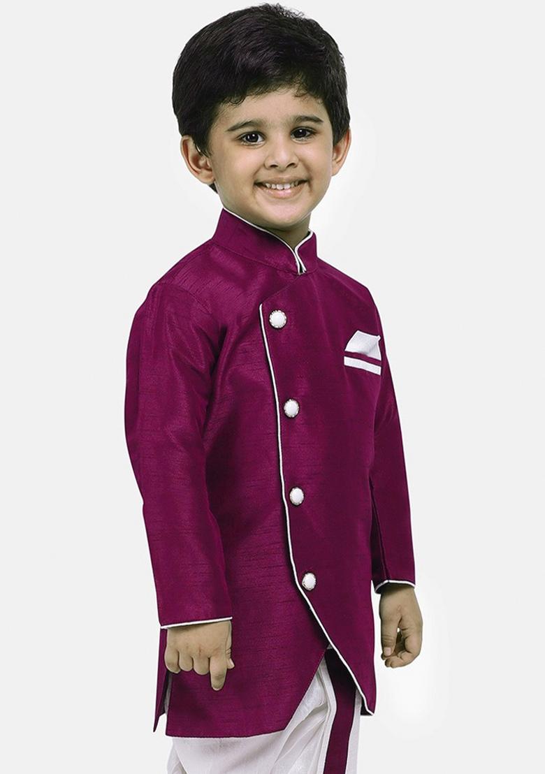Bright Purple Solid Banarasi Silk Indo Western Sherwani For Boys