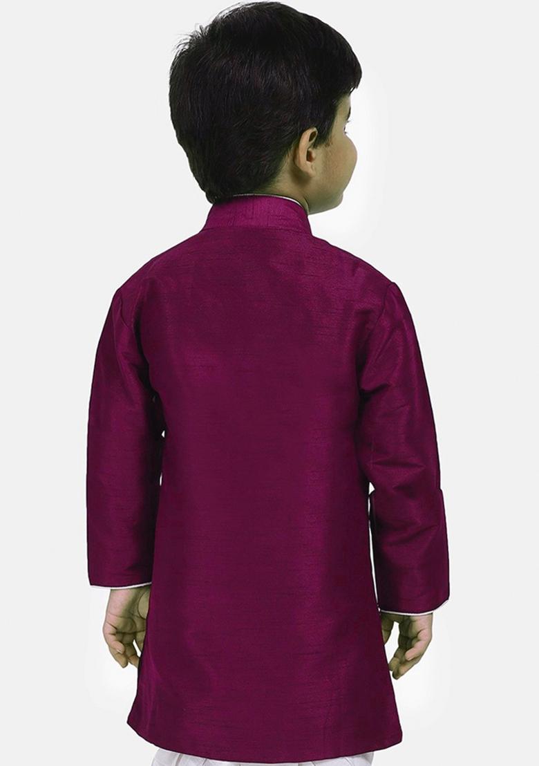 Bright Purple Solid Banarasi Silk Indo Western Sherwani For Boys