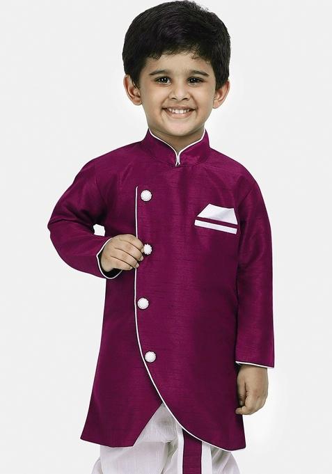 Bright Purple Solid Banarasi Silk Indo Western Sherwani For Boys