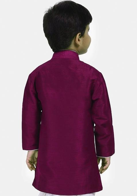 Bright Purple Solid Banarasi Silk Indo Western Sherwani For Boys