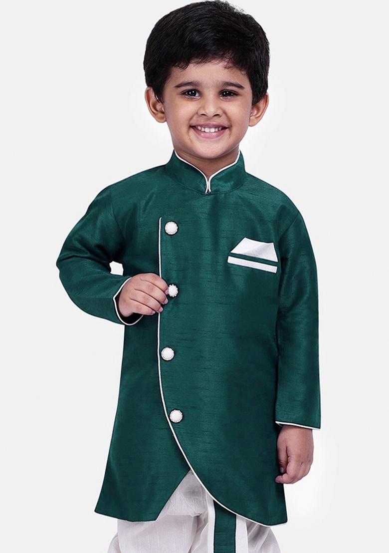 Bottle Green Solid Banarasi Silk Indo Western Sherwani For Boys