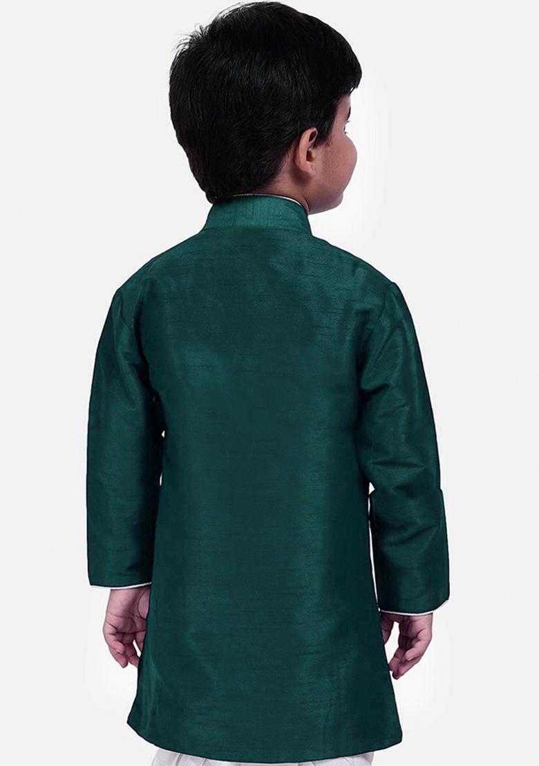 Bottle Green Solid Banarasi Silk Indo Western Sherwani For Boys