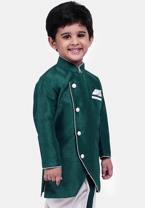 Bottle Green Solid Banarasi Silk Indo Western Sherwani For Boys