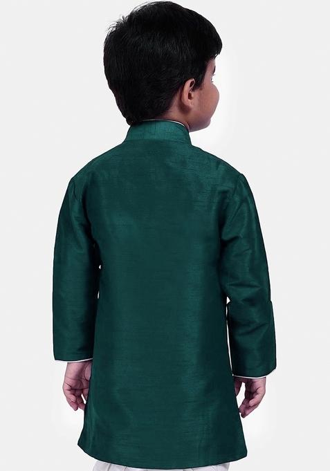 Bottle Green Solid Banarasi Silk Indo Western Sherwani For Boys